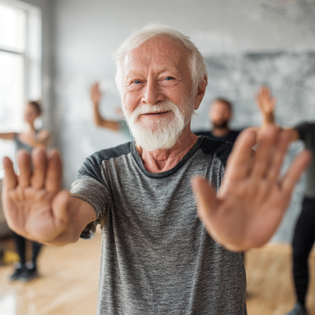 Smiling middle-aged Ukrainian woman practicing functional movement exercises outdoors