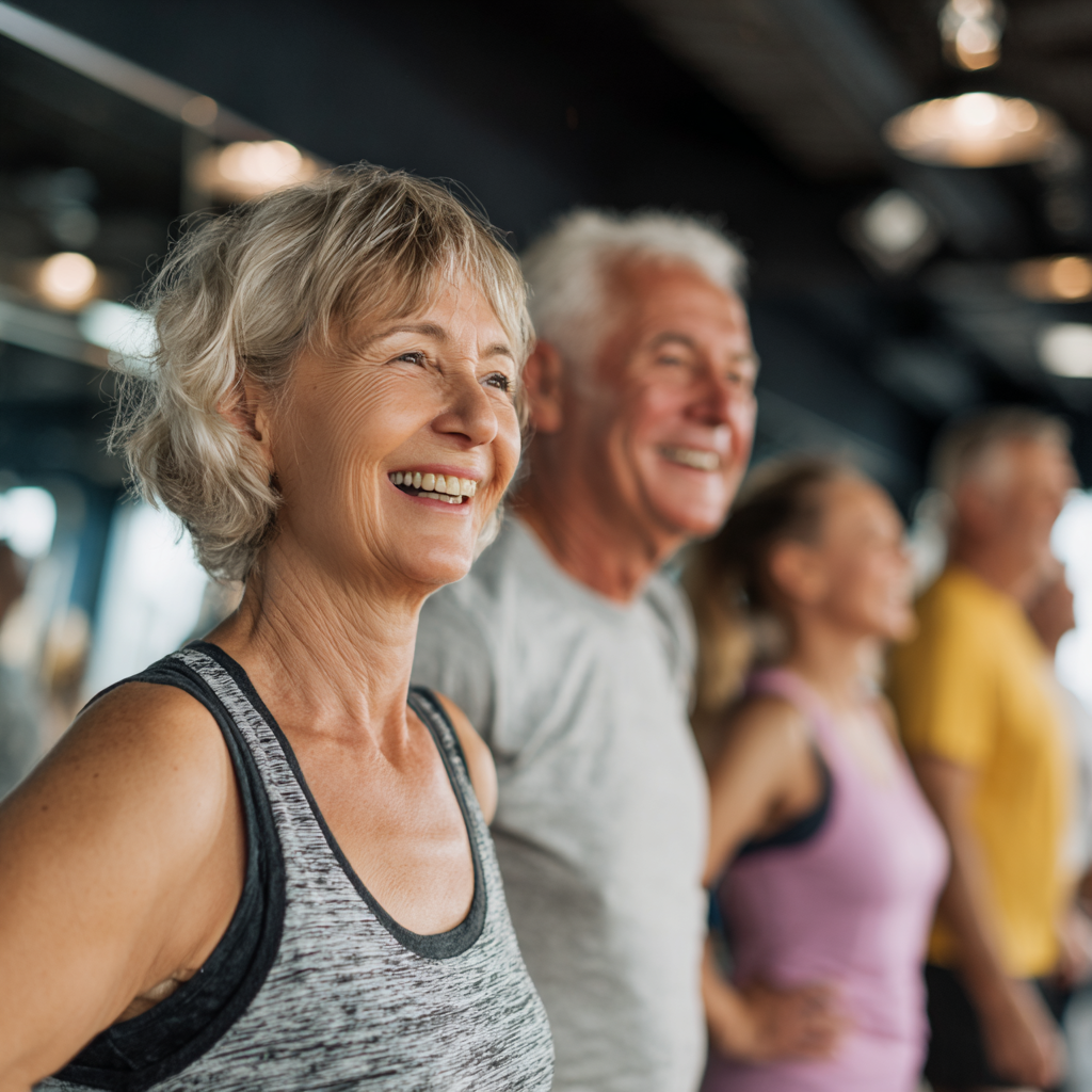 Happy elderly Ukrainian man demonstrating gentle movement exercises in a bright fitness studio