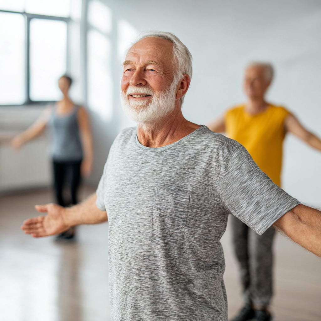 Group of diverse Ukrainian adults of different ages smiling while performing gentle stretching exercises together